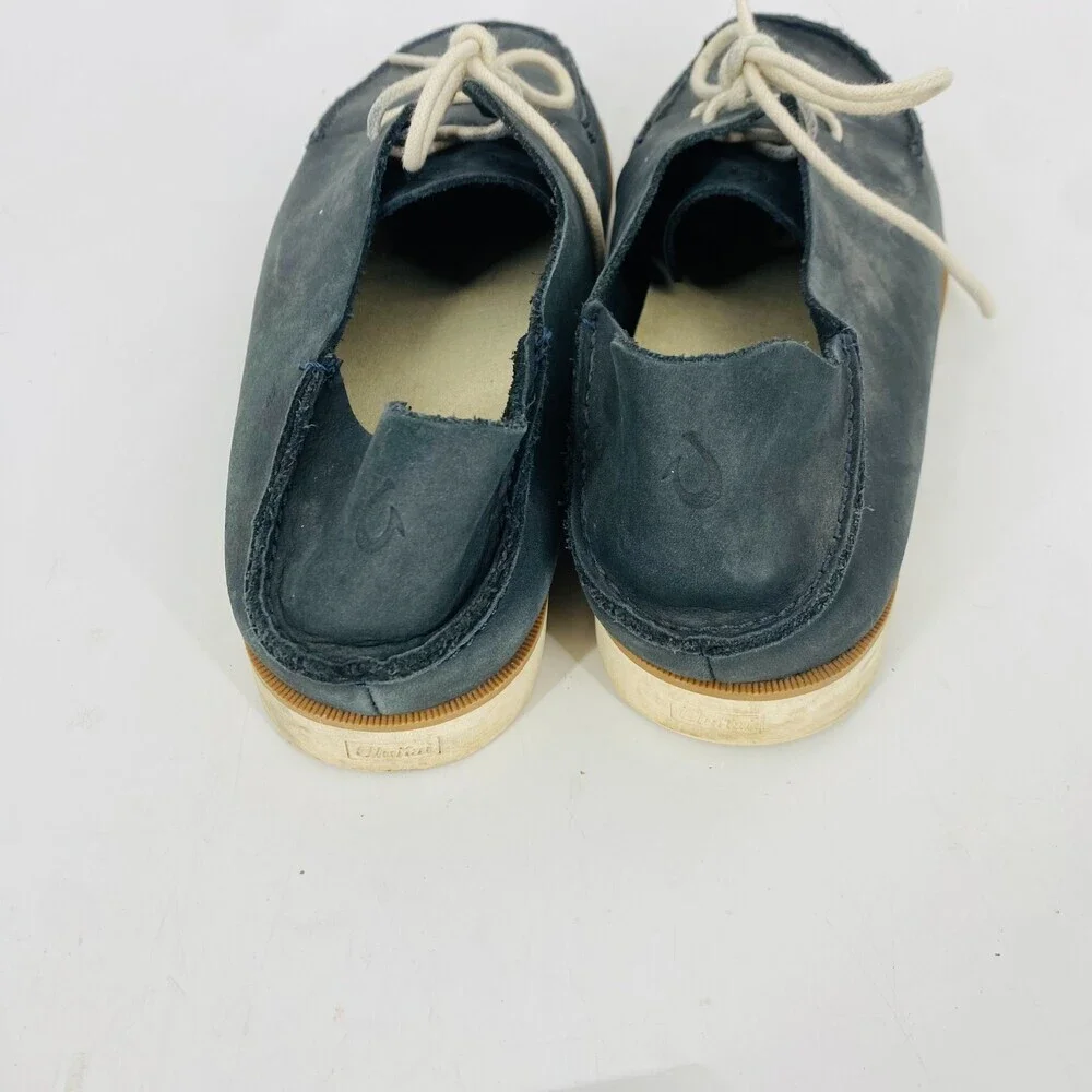 Olukai Navy Gray Leather Boat Shoes Men’s 9 Slip On Casual Deck Loafers